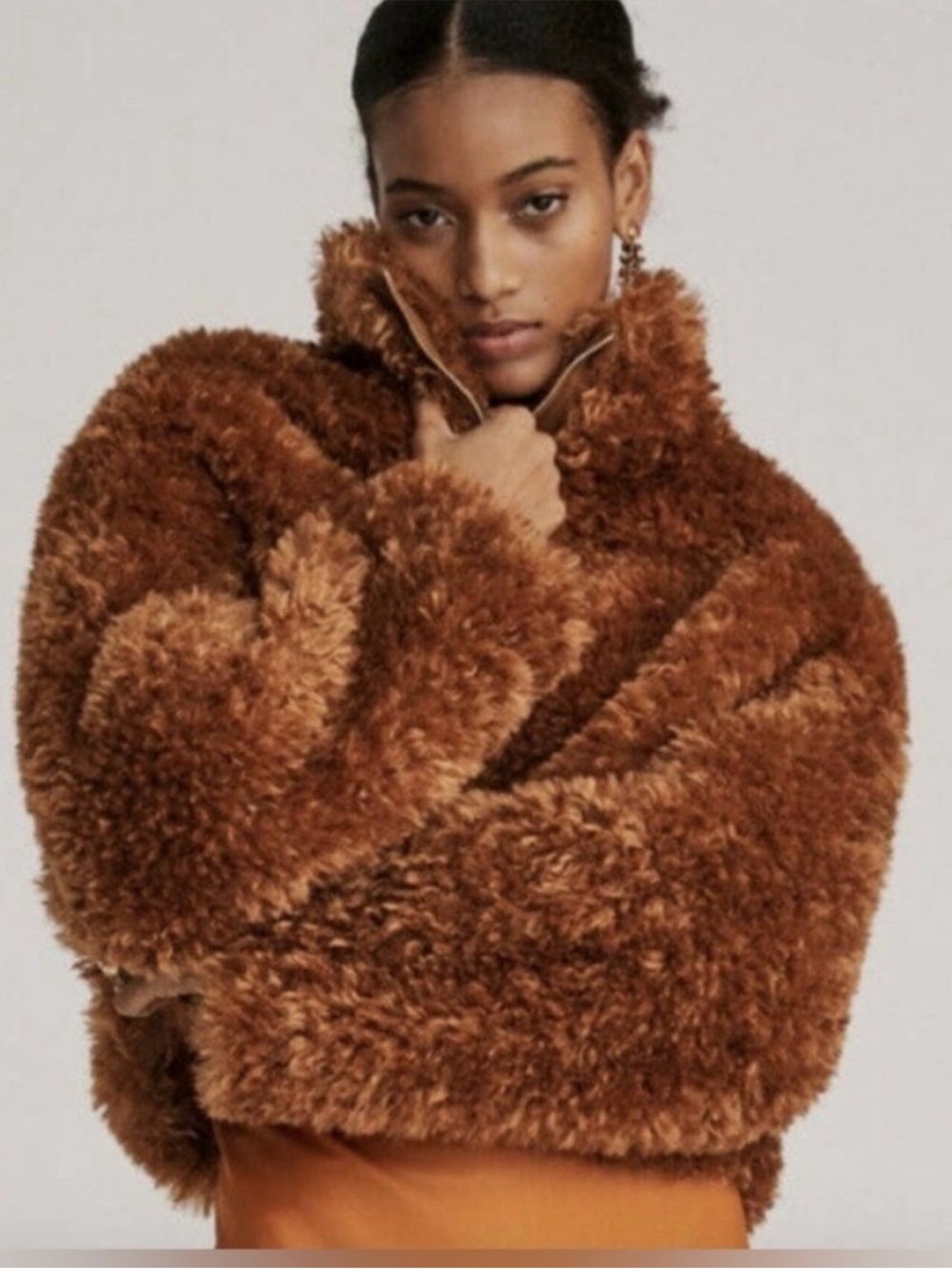 Anthropologie Maeve Teddy Furry Zip-Up Coat Jacket Honey Brown Faux Fur XSP